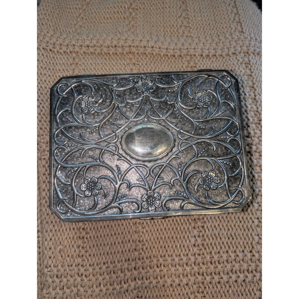 Vtg GODINGER Silver Plated Jewelry Box  Ornate Floral Embossed Felt Lining 9.5"